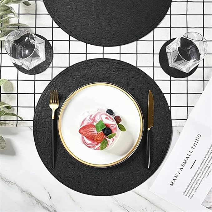Set of 1/4/6 Round PU Leather Placemats Non-Slip Heat Insulation Tableware Pad for Modern Simple Waterproof Home Table(Y Circle Pink Cream,R 38CM 4pcs)