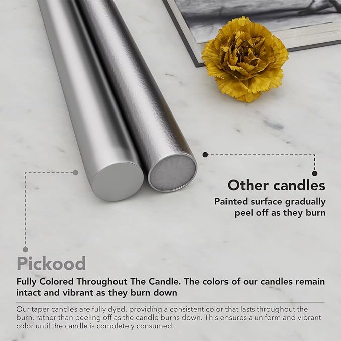 12-Inch Tall Dripless Taper Candles Set of 4 - Silver Tapered Candles, Perfect for Wedding,Christmas - Smokeless, Unscented, Long Burning - Hand Poured, Colored Tall Candlesticks - Plata