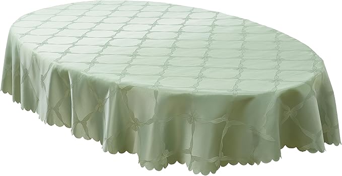 Newbridge Ribbons and Bows Damask Spring & Easter Holiday Fabric Tablecloth, Sage Green, 60 x 102 Inch Oval, Wrinkle & Stain Resistant Table Cover