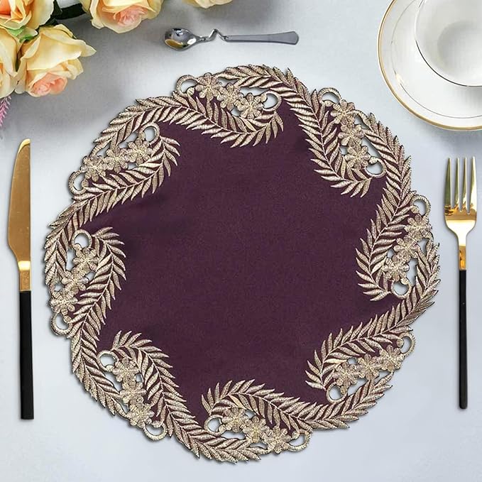 Decozen Set of 4 Doilies for Table, Lace Doilies - Rustic, Crochet, Farmhouse, Kitchen, Dining Table Centerpiece Decor - Round Christmas Placemats for Home 15 inch Gold Plum, The Anyce Collection
