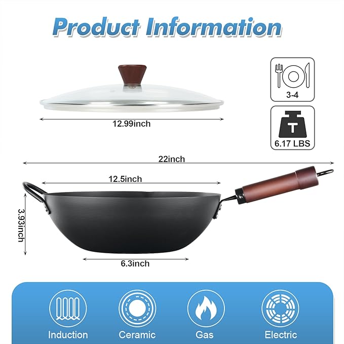 BIELMEIER Carbon Steel Wok, 12.5 Inch Stir Fry Pan with Lid, Natural Non-Stick Flat Bottom Wok for All Cooktops, Pre-Seasoned for Asian Cuisine, Sauté, Searing