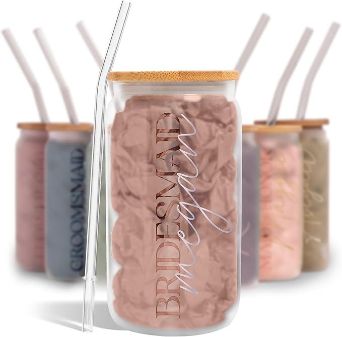 Elegant Frosted Tumbler For Bridesmaid Gifts, Personalized Glass Cup For Bridal Party Wedding Favors, Maid of Honor Cups for Bachelorette Party (FW1) (Silver Metallic)