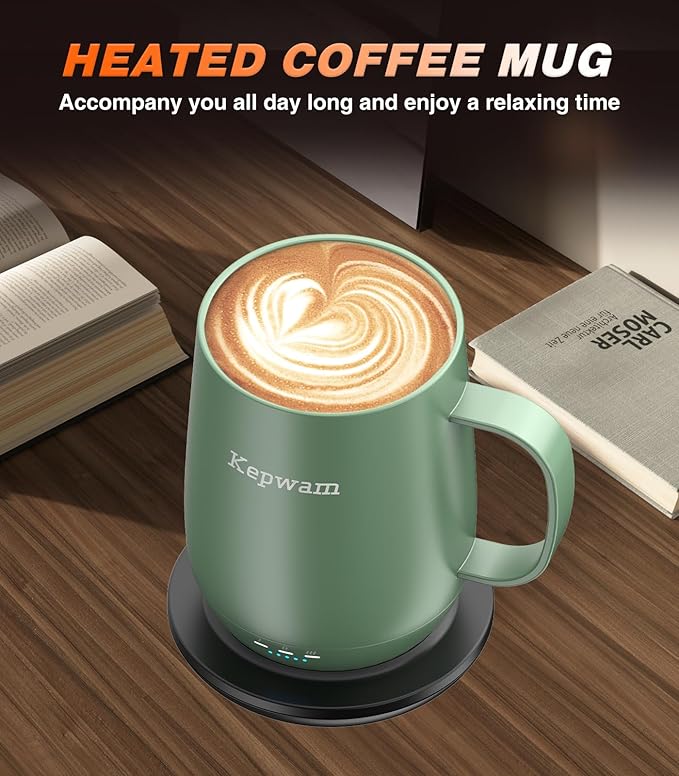 Kepwam Self Heating Coffee Mug T2, 16oz Smart Heated Coffee Mug, 150 Min Battery Life - Hot up to 149℉ Temperature Control Coffee Mug Warmer, Gifts for Dad Mom (No APP)