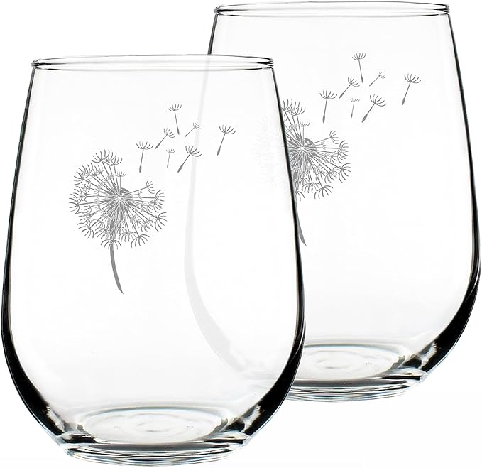 Bevvee Dandelion Stemless Wine Glass - Friendship Gifts and Dandelion Flowers Decor for New Beginnings - Set of 2 - Large 17 Oz Glasses