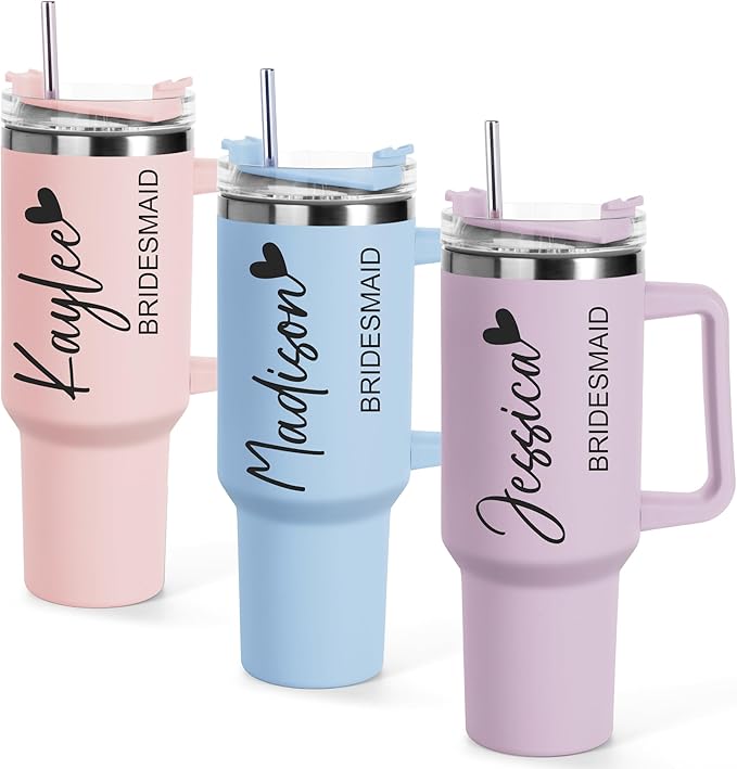 Personalized 40 oz Tumbler with Handle and Straw,Custom Bride & Bridesmaid Gift,Insulated Stainless Steel Travel Coffee Mug Customized Water Cups with Name for Wedding
