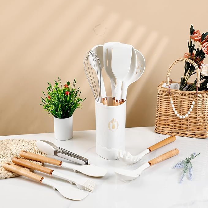 Silicone Cooking Utensils Set, Kitchen Utensils Set 13 Pcs for cooking, BPA Free Spatula Set with Heat Resistant Wood Handles for Nonstick Cookware (White)