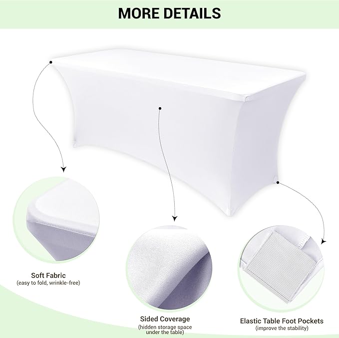 Obstal 6ft Stretch Spandex Table Cover - 4 Pack Universal Rectangular Fitted Tablecloth Protector for Wedding, Banquet and Party, White