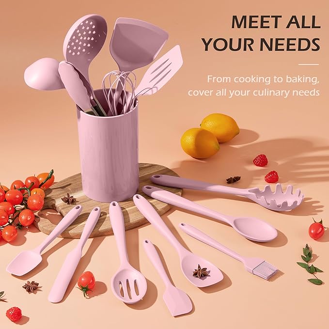 Homikit 15-Piece Kitchen Utensil Set, Silicone Cooking Utensils Spatula Set with Holder for Nonstick Cookware, Heat Resistant Kitchen Tools Gadgets for Cooking and Baking-Pink