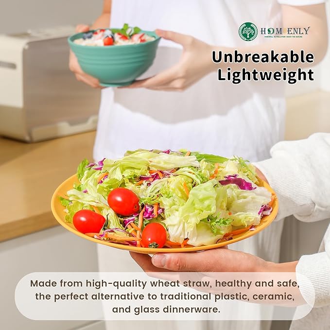 Homienly Unbreakable Wheat Straw Dinnerware Set - Plastic Plates and Bowls Sets Alternative, 24-Piece Dishes Set for Apartment, RV, Party, Microwave and Dishwasher Safe Plates, Bowls, Cups(Multi)