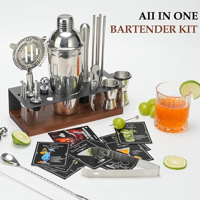 23-Piece Bartender Kit, Cocktail Shaker Set with Stand | Bar Drink Mixer Set with All Essential Bar Tools: Martini Shaker, Jigger, Strainer, Muddler, Pourers, for Home, Bar, Party (brown)