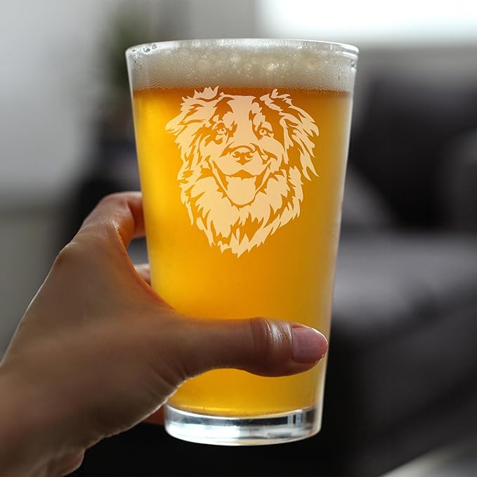 Australian Shepherd Face Pint Glass for Beer - Unique Dog Themed Decor and Gifts for Moms & Dads of Aussies - Set of 4-16 Oz