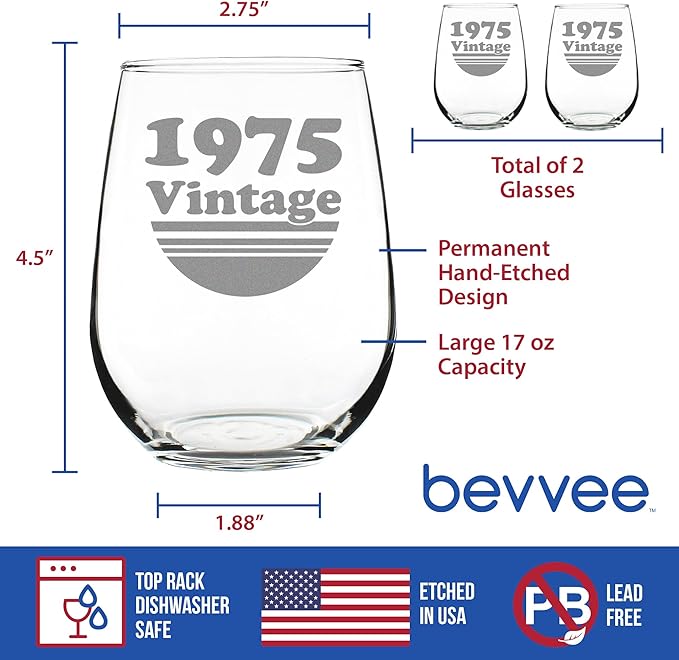 Bevvee Vintage 1975 Stemless Wine Glass - 51st Birthday Gifts for Women & Men Turning 51 - Bday Party Decor - Set of 2 - Large 17 oz