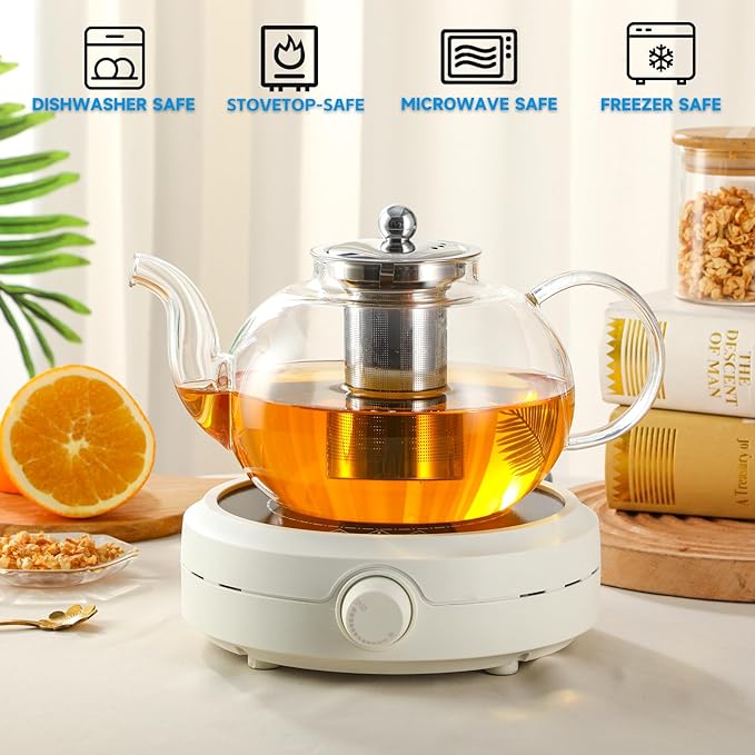 50OZ/1500ML Glass Teapot with Stainless Steel Removable Infuser & Lid, Stovetop & Microwave Safe Clear Borosilicate Glass Tea Maker Water Kettle for Loose Leaf Blooming Tea