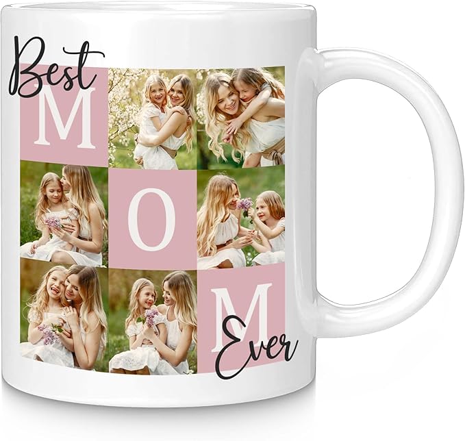 Custom Christmas Coffee Mug Gifts for Mom,11oz Personalized Ceramic Mama Cup with Photo Text & Birth Flower, Customized Birthday Gift for New Moms (Mom-6 Photos)