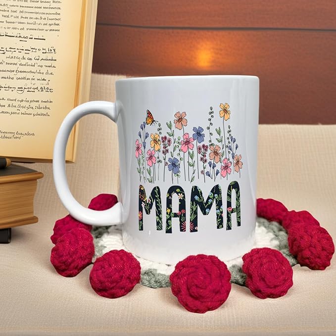 "MAMA Ceramic Flower Mug Christmas with Handmade Crochet Rose Coaster – 1st Mother’s Day Gift – 11oz Tea/Coffee Mug with Floral Design for Moms