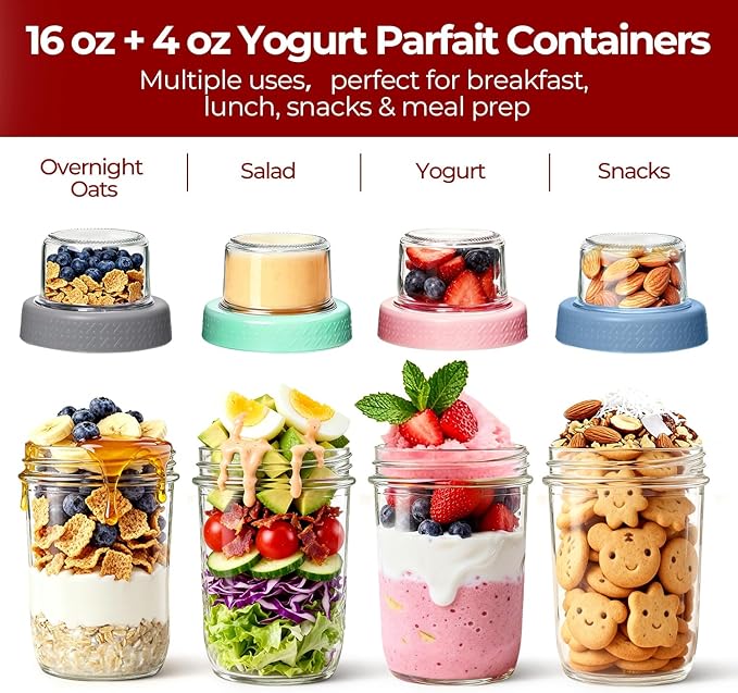 4 Pack Glass Yogurt Parfait Cups with Lids, 16+4oz Reusable Containers with Dry & Wet Separation, Leak-Proof for Overnight Oats, Meal Prep, Portable to Work & School, Easy Clean