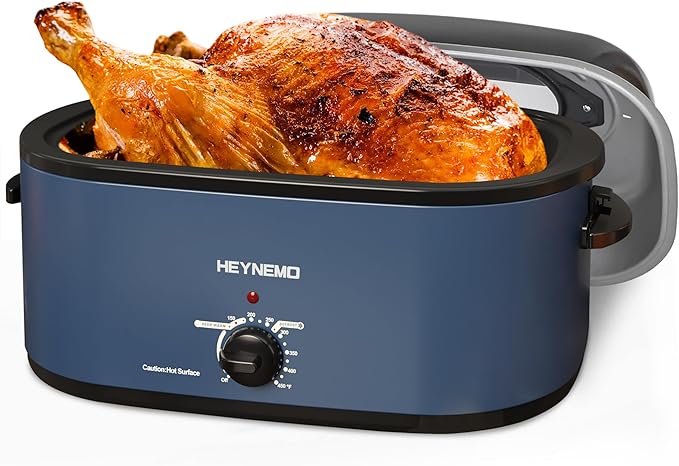 22 Quart Electric Turkey Roaster Oven with Removable Pan Large Stainless Steel Roaster, Visible & Self-basting Lid, Fast Heating & Thaw/warming Setting, Blue