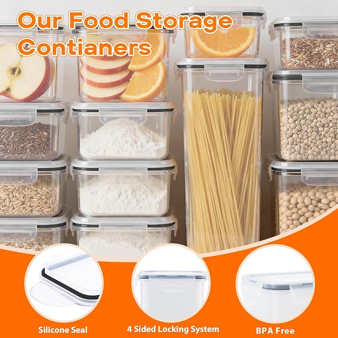 48 PCS Airtight Food Storage Container,BPA-Free Plastic Cereal Container with Lids,Perfect for Snacks Cereal Flour Meal Prep (4Size, 48 pcs)