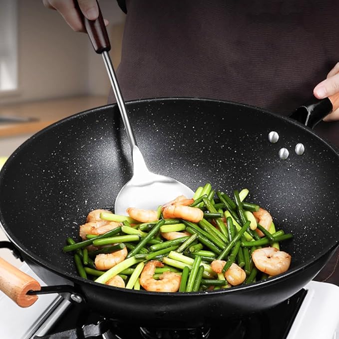 FJNATINH Spatula and Ladle - Set of 2 Wok Tools - Universal Wok Ladle and Spatula - Stainless Steel Cooking Utensils and Wok Accessories,14"-15"