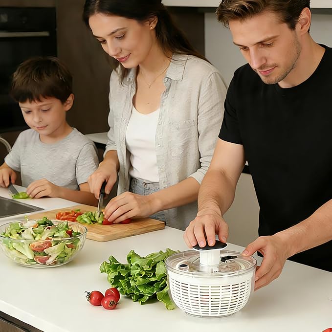 Ourokhome Salad Spinner Lettuce Dryer, One-handed Easy Press Large Vegetable Dryer Salad Mixer with Comfortable and Retractable Pusher and Brake Button for Greens, Herb, Berry, Fruits, 3.8 QT, Black