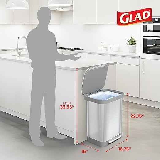 Glad Stainless Steel Step Trash Can, Series 2 with Clorox Protection - Large Metal Kitchen Garbage Bin with Soft Close Lid, Foot Pedal and Waste Bag Roll Holder, 13 Gallon