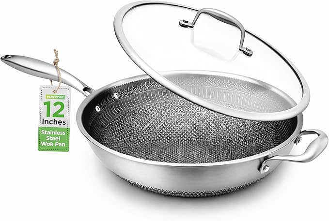 NutriChef 12" Stainless Steel Durable Wok - Triply Kitchenware Wok with Glass Lid, Side Handle - DAKIN Etching Non-Stick Coating, Scratch-resistant Raised-up Honeycomb Fire Textured Pattern