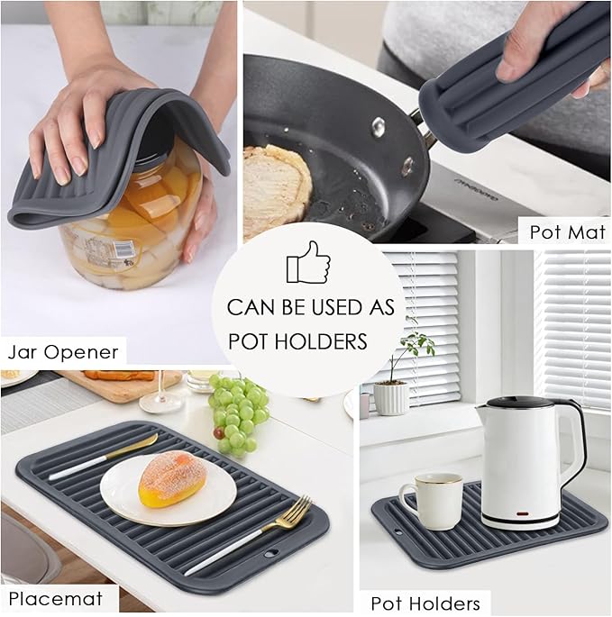 4 PCS Silicone Trivet for Hot Dishes, Silicone Hot Pads Trivets Mat for Hot Pots and Pans, Heat Resistant Hot Mats, Pot Holders, Tables Mats for Countertop, Jar Opener, Drying Mat (Dark Grey)