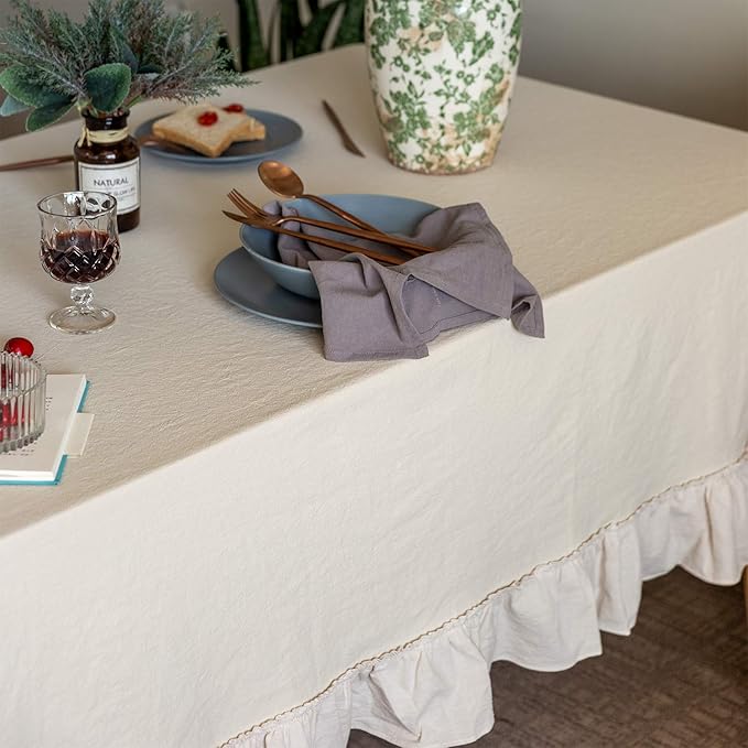 Retro Farmhouse Ruffle Tablecloth Cotton Flounces Trim Washable Table Cover Tablecloths for Rectangle Table Baby Shower Kitchen Party Wedding Decor,60''x120''