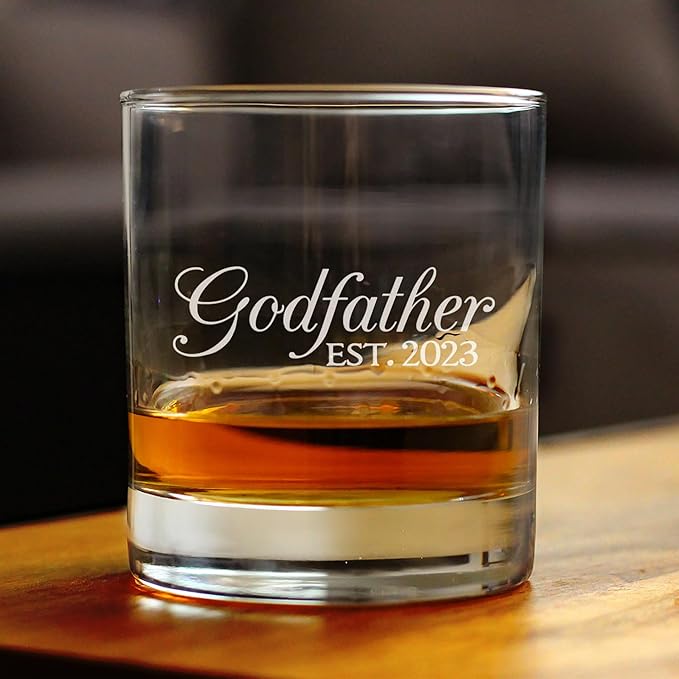 Bevvee Godfather Est 2023 - New Godfather Whiskey Rocks Glass Proposal Gift for First Time Godparents - Decorative 10.25 Oz Glasses