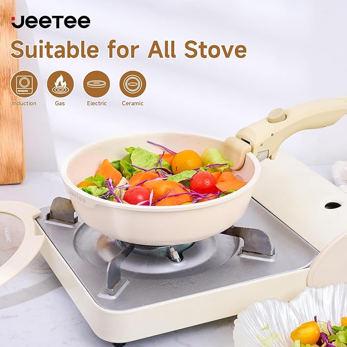 JEETEE 25pcs Pots and Pan Set Non Stick, Detachable Handle Cookware Set, Induction Cooking & RV Camping Stackable Pots Pans, Healthy Kitchen Cookware Set PFAS/PFOA Free Beige