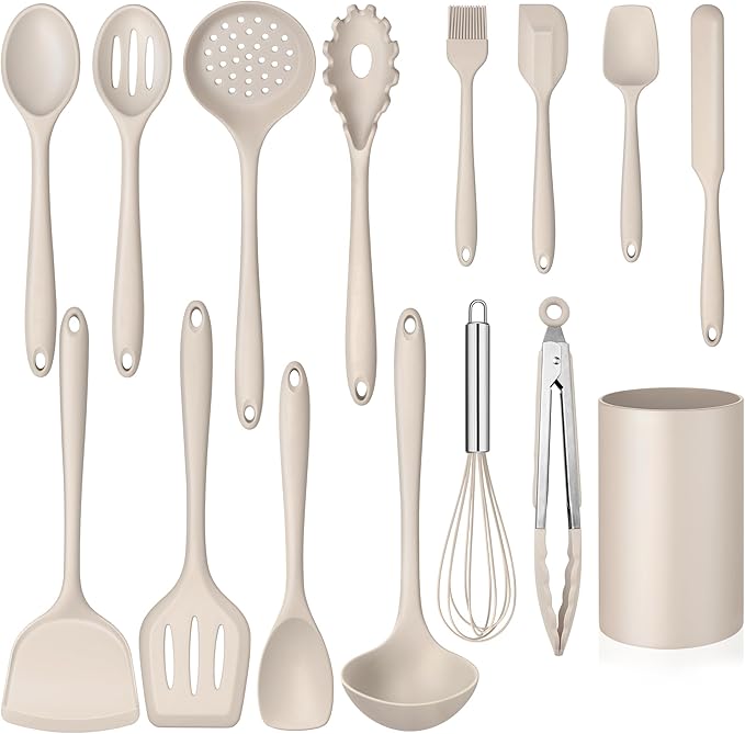 15-Piece Kitchen Cooking Utensils Set with Holder, Homikit Heat Resistant Food Grade Silicone Kitchen Utensils include Slotted Spatula Ladle Turner for Nonstick Cookware, Dishwasher Safe- Khaki