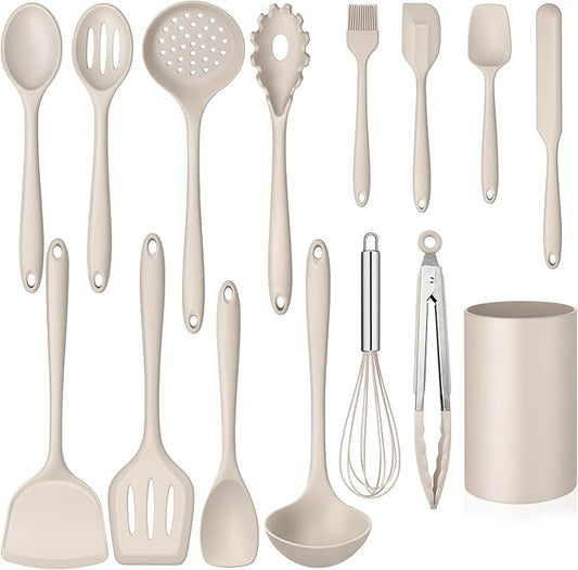 15-Piece Kitchen Cooking Utensils Set with Holder, Homikit Heat Resistant Food Grade Silicone Kitchen Utensils include Slotted Spatula Ladle Turner for Nonstick Cookware, Dishwasher Safe- Khaki
