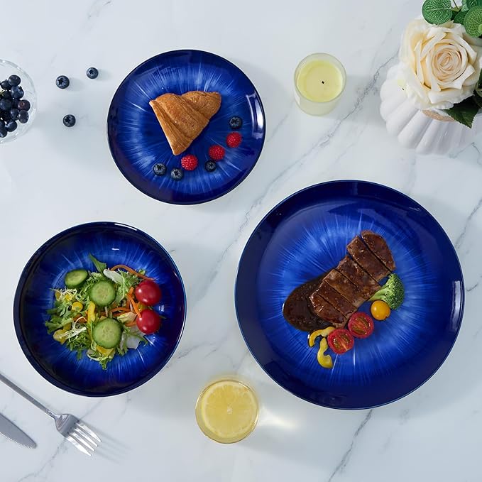 Bestone 12-Piece Round Porcelain Dinnerware Set, Service for 4, Chip Resistant Plates and Bowls, Starburst Turquoise Dark Blue, Dishwasher & Microwave Safe for Home Daily Use