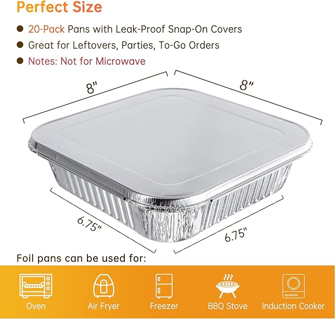 8x8 Aluminum Pans with Lids - 20 Pack Disposable Foil Pans with Lids, Aluminum Containers with Lids for Baking Cake, Holiday Cooking, Heating, Storing, Prepping Food
