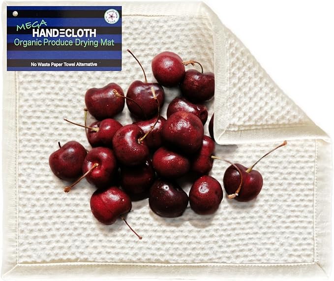 Organic Cotton Produce Drying Mat - Made in USA - Ultra Absorbent Reversible Pad Perfect for Drying Fruits & Vegetables - Zero Waste Microfiber Alternative
