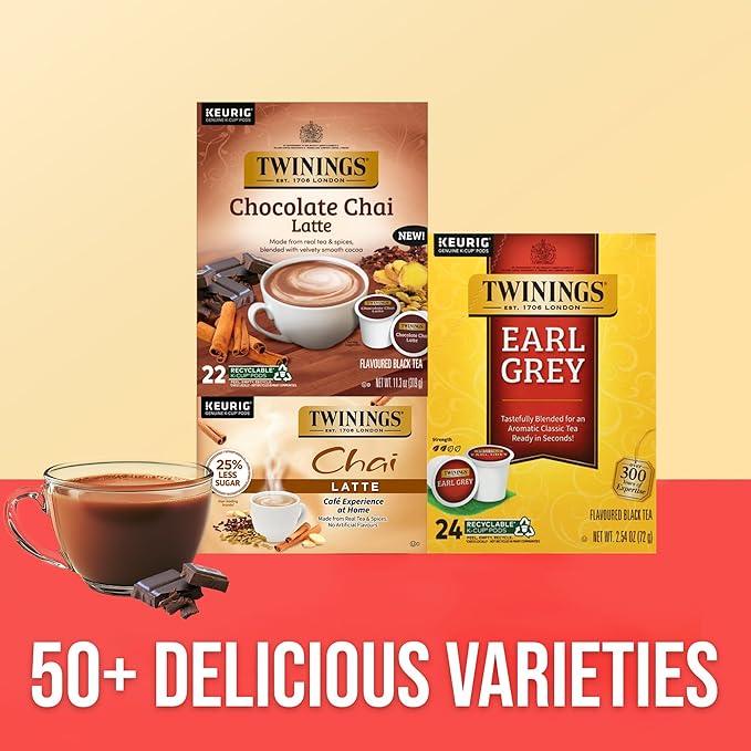 NEW Twinings Chocolate Chai Latte Tea K-Cup Pods for Keurig, 22 Count (Pack of 1), Velvety Smooth Cocoa with Real Spiced Tea, Caffeinated, Enjoy Hot or Iced