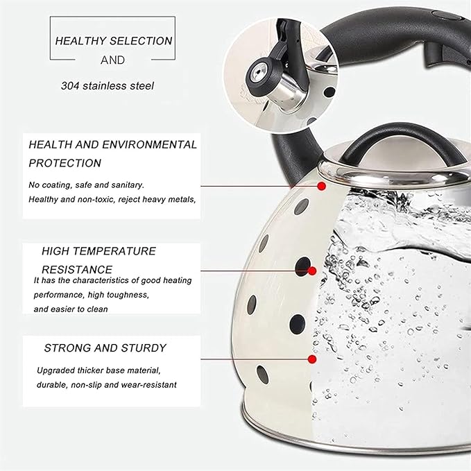 Polka Dot Tea Kettle Stovetop - 3.2 Quart Stainless Steel Whistling Kettle, Vintage Black & White Design, Gas & Electric Stove Safe