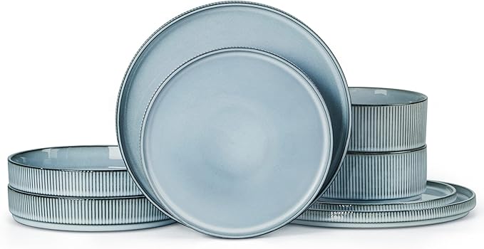 LIANYU Dinnerware Plates and Bowls Dishes Set, 8 Piece Elegant Stoneware Sets with Pasta Bowls for 2, Modern Ribbed Ceramic Dining Ware for Restaurant Wedding, Dishwasher Safe, Slate Blue