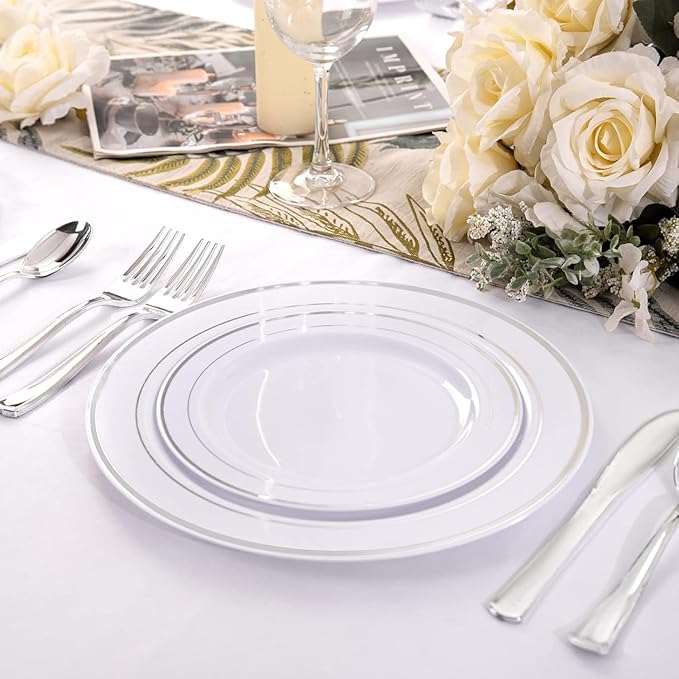 I00000 102pcs Silver Plastic Plates, Disposable Plastic Party Plates with White Silver Rim Fancy Wedding Party Plates Include 51 Dinner Plates 10.25" and 51 Dessert Appetizer Plates 7.5"
