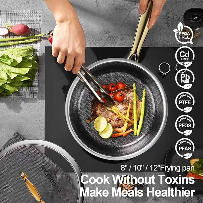 FogDream 8” Non Stick Frying Pans, Stainless Steel Skillet with Lid, Tri-Ply Stainless Steel for All Cooktops, Dishwasher and Oven-Safe Cooking Pan, Stay-Cool Handle, Gold