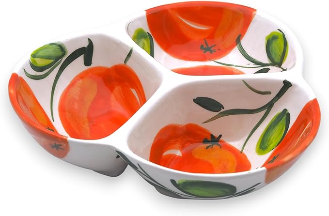 Ceramic Chip & Dip Bowl 7.5”, 3-Compartment Divided Serving Dish & Condiment Tray for Appetizers – Handmade in Spain, Lead-Free Glaze, Microwave, Oven & Dishwasher Safe