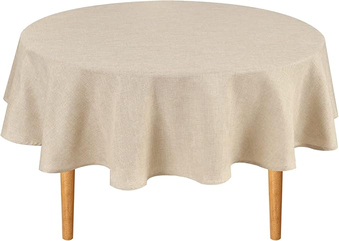 Hiasan Round Linen Tablecloth 90 Inch - Wrinkle and Stain Resistant Washable Polyester Fabric Table Cloth for Dining Room Kitchen Party, Beige
