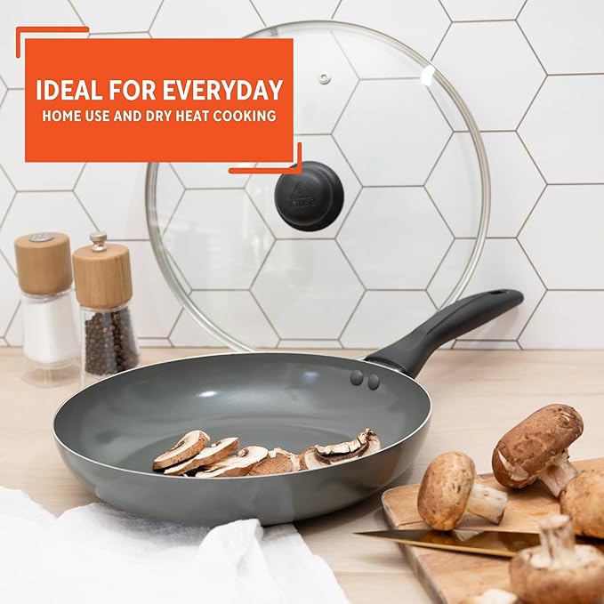 IMUSA 9.5-Inch Ceramic Nonstick Sauté Pan with Lid – Deep Gray Aluminum Skillet with Glass Cover & Cool-Touch Handle – Ideal for Sautéing, Stir-Frying, Steaming, Braising & Searing
