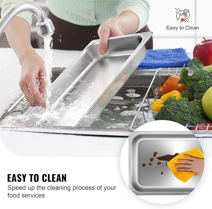 VEVOR Hotel Pans Full Size 2.5 Inch Deep, Steam Table Pans 6 Pack,0.8mm Thick Stainless Steel Hotel Pan Anti Jam Steam Table Pan, for Home, Party, Restaurant, Hotel, Buffet