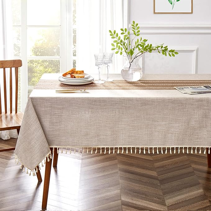 QIANQUHUI Embroidered Tablecloth for Dining Table,Rustic Farmhouse Kitchen Table Cover, Dust Proof Spillproof Soil Resistant Cotton Linen Rectangle Tablecloths（L-Coffee,55x120 inch）