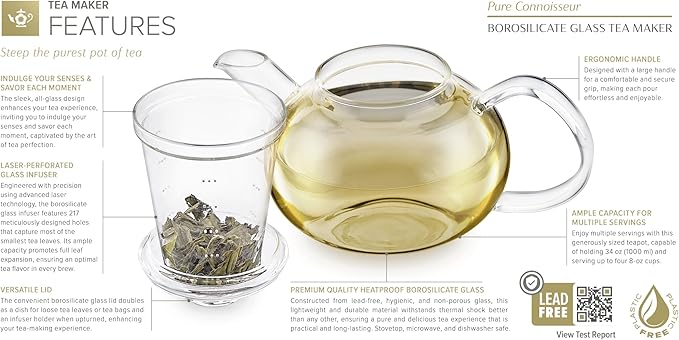 Teabloom Pure Connoisseur Heatproof Glass Teapot With Microdot Glass Infuser For Whole Leaf Teas, 34 Ounces – A Tea Purist's Choice