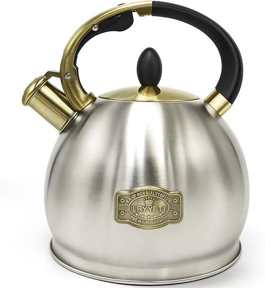 Stove top Whistling Tea Kettle Food Grade Stainless Steel Teapot of 5-layer base for Camping & Kitchen(Brushed, 2.64 Qt)