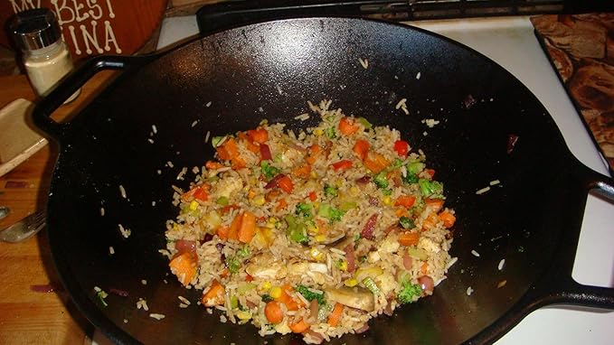 12 Inch Pre-Seasoned Cast Iron Skillet - Wok Round Bottomed Frying Pan with Assist Handles,Tempered Glass Lid, Cast Iron Scrubber,Silicone Oven Mitts for Stovetop,home baking ﻿ (Steel Lid)