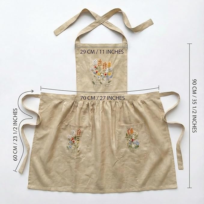Linen Apron with Hand Embroidered Floral Design, Natural Fabric Apron for Kitchen, Linen Apron with Pockets, Cooking, Baking, Gardening, Florist, Elegant Gift for Women, Chefs, Artists