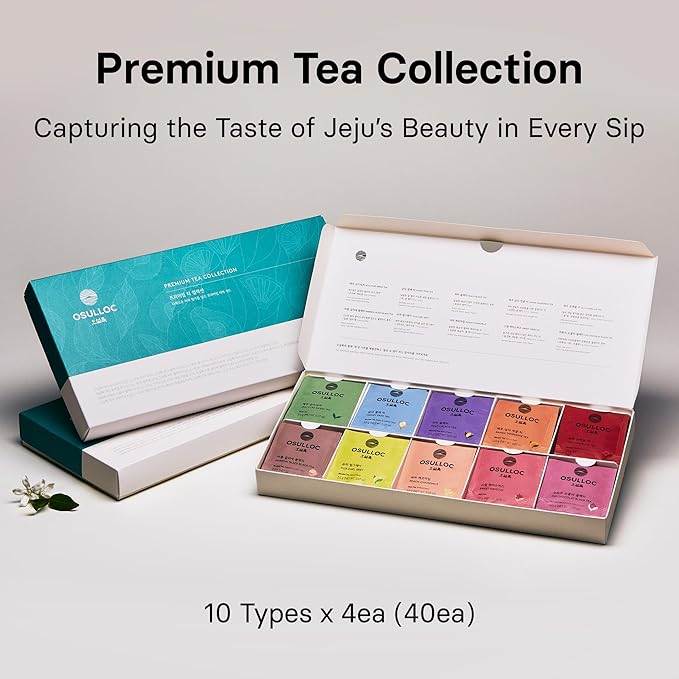 OSULLOC Premium Tea Collection (40 count, 10 flavors x 4 ea), Self Care Sampler Gift Box, Premium Organic Pure & Blended Tea from Jeju